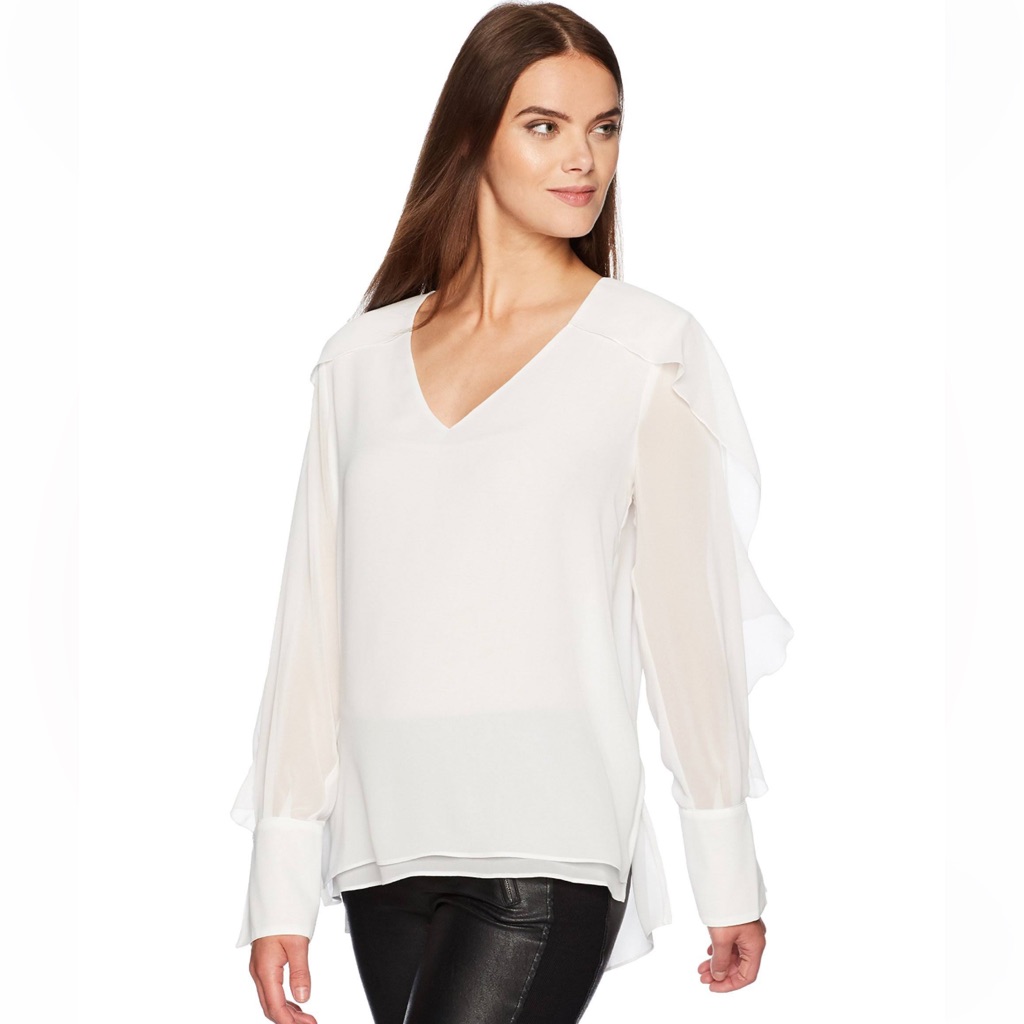 Bcbg Maxazria Gael V-Neck Long Sleeve Ruffle Top Blouse Off White Size Xs
